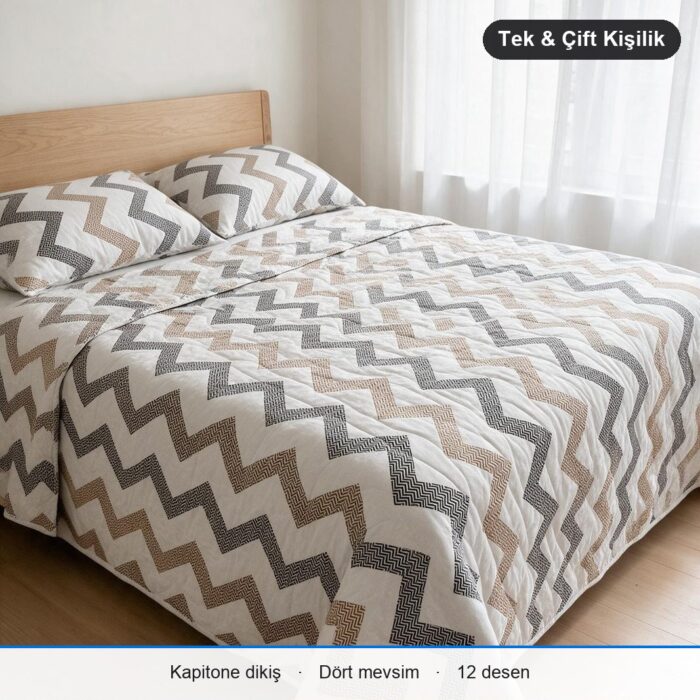 Kapitone Çok Amaçlı Örtü Tek Kişilik · 150 x 220 cm · Yalnız Örtü · Bej Siyah Zikzak