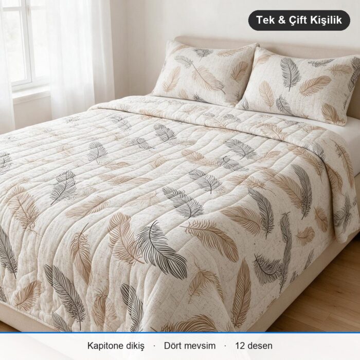 Kapitone Çok Amaçlı Örtü Tek Kişilik · 150 x 220 cm · Yalnız Örtü · Bej Tüy Desenli