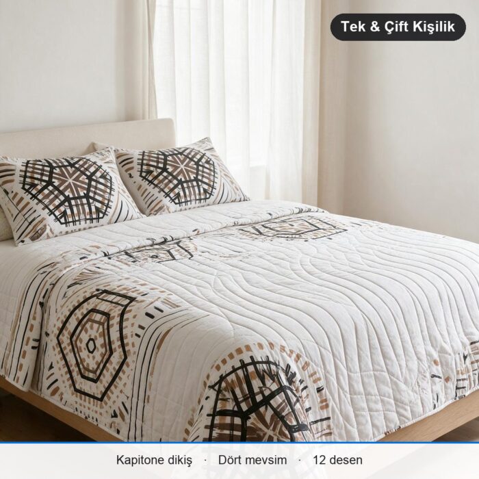 Kapitone Çok Amaçlı Örtü Tek Kişilik · 150 x 220 cm · Yalnız Örtü · Beyaz Etnik Geometrik