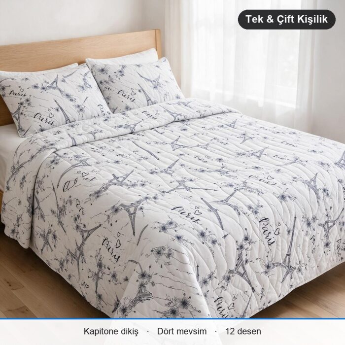 Kapitone Çok Amaçlı Örtü Tek Kişilik · 150 x 220 cm · Yalnız Örtü · Beyaz Lacivert Paris