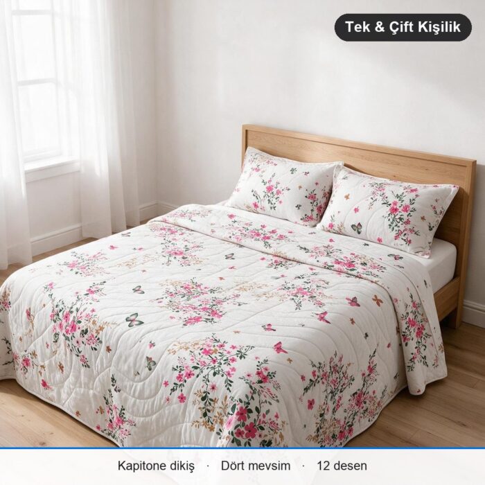 Kapitone Çok Amaçlı Örtü Tek Kişilik · 150 x 220 cm · Yalnız Örtü · Beyaz Pembe Çiçek