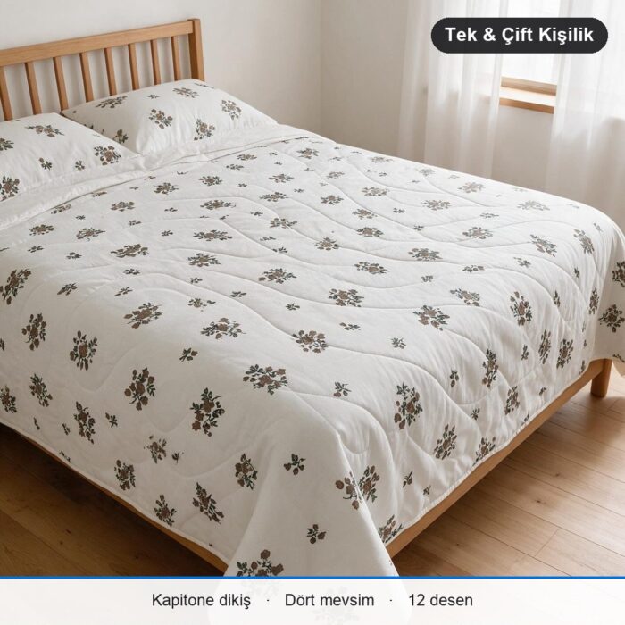 Kapitone Çok Amaçlı Örtü Tek Kişilik · 150 x 220 cm · Yalnız Örtü · Beyaz Yeşil Çiçek