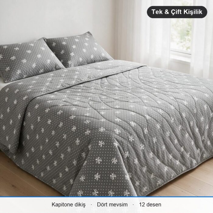 Kapitone Çok Amaçlı Örtü Tek Kişilik · 150 x 220 cm · Yalnız Örtü · Gri Fiyonk Puantiye