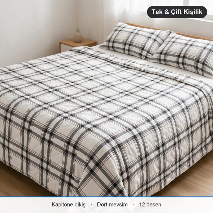 Kapitone Çok Amaçlı Örtü Tek Kişilik · 150 x 220 cm · Yalnız Örtü · Siyah Beyaz Ekose